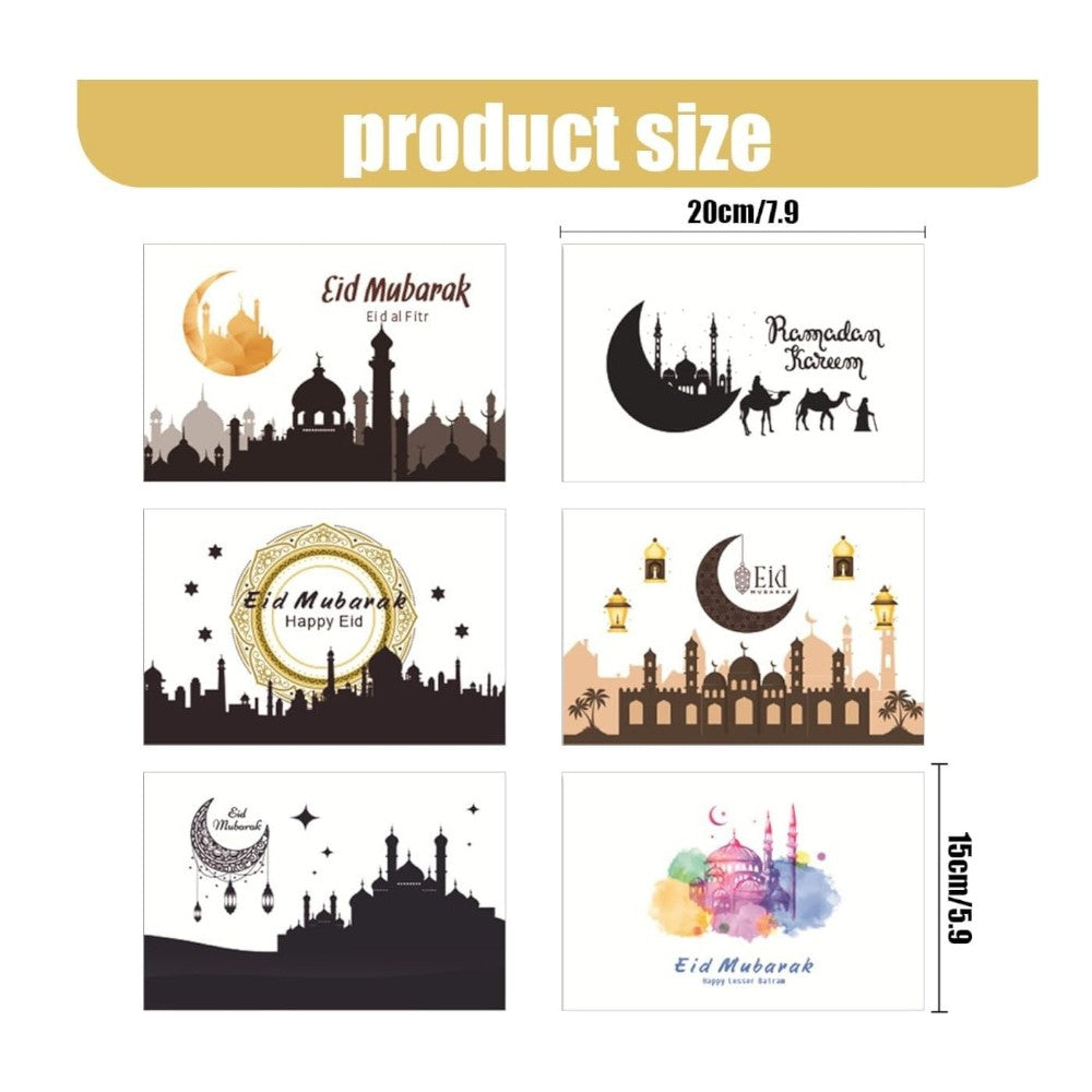 Eid Mubarak Greeting Cards with Envelope & Stickers, 15x10 CM - Set of 6