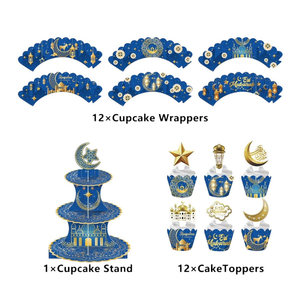 Eid Mubarak Ramadan Kareem 3 Tier Cupcake Stand Cupcake Topper and Wrapper Set