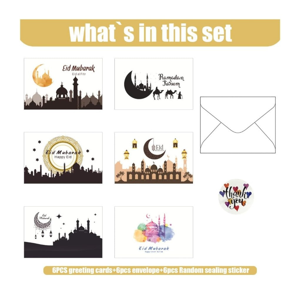 Eid Mubarak Greeting Cards with Envelope & Stickers, 15x10 CM - Set of 6