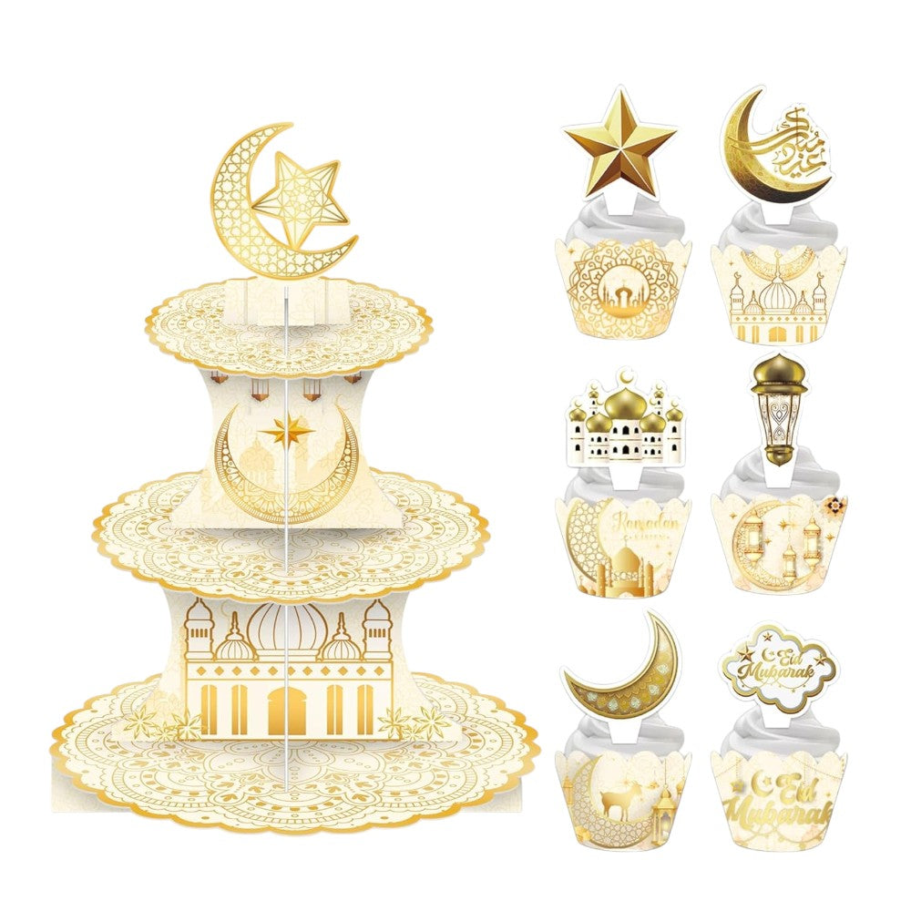 Eid Mubarak Ramadan Kareem 3 Tier Cupcake Stand Cupcake Topper and Wrapper Set