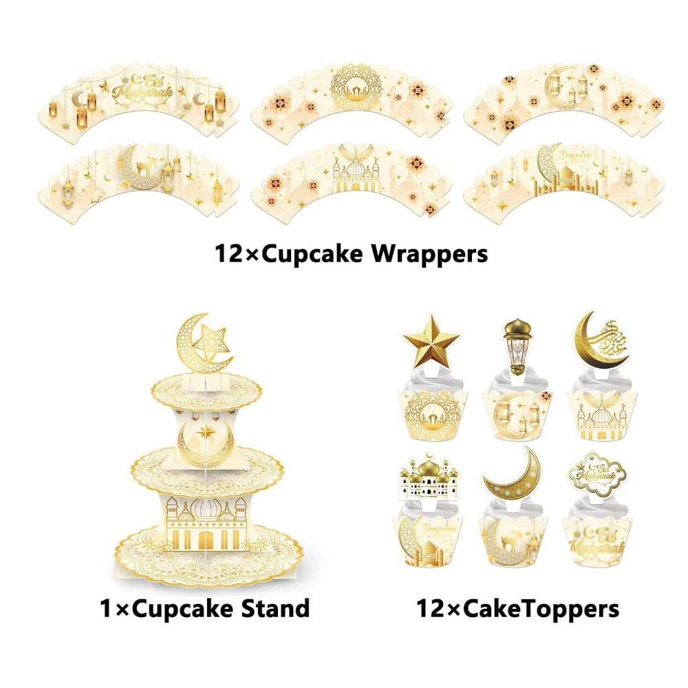 Eid Mubarak Ramadan Kareem 3 Tier Cupcake Stand Cupcake Topper and Wrapper Set