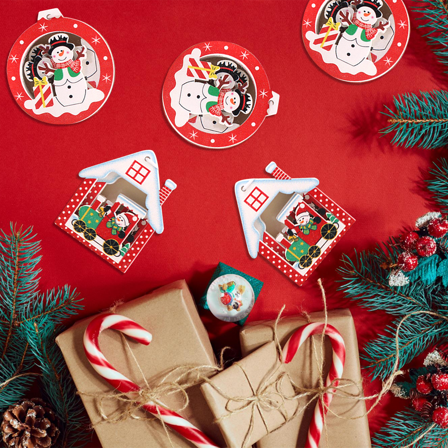Wooden Christmas Tree Hanging Ornaments - Set of 12