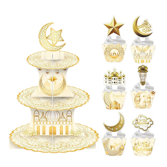 Eid Mubarak Ramadan Kareem 3 Tier Cupcake Stand Cupcake Topper and Wrapper Set