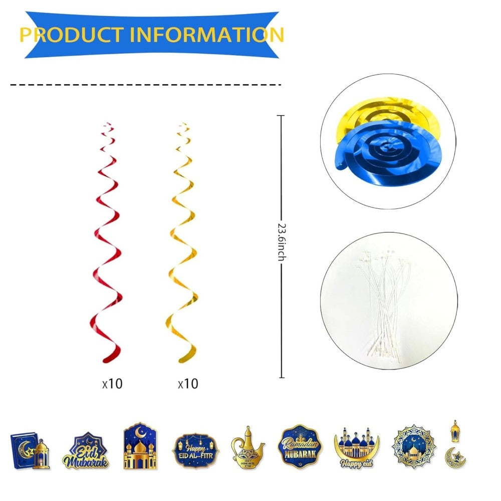 Ramadan Kareem Eid Mubarak Hanging Swirls Decorations - 20 Piece