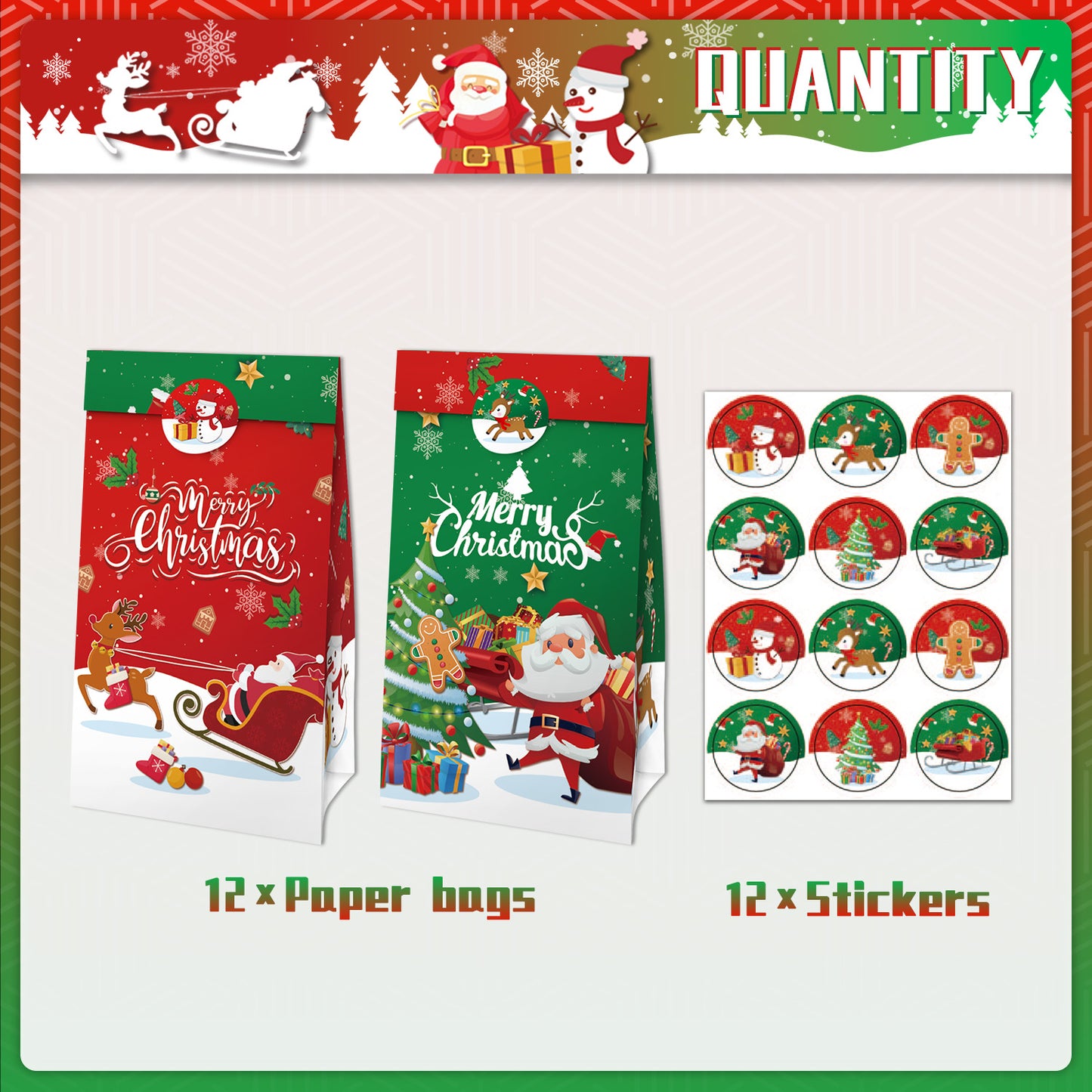 Christmas Gift Bags with Sealing Stickers -  Set of 12