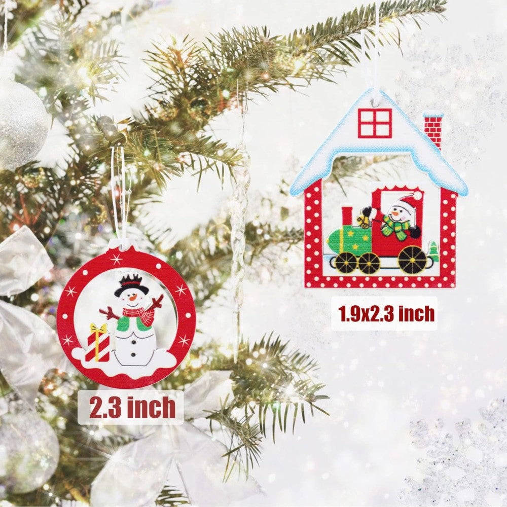 Wooden Christmas Tree Hanging Ornaments - Set of 12
