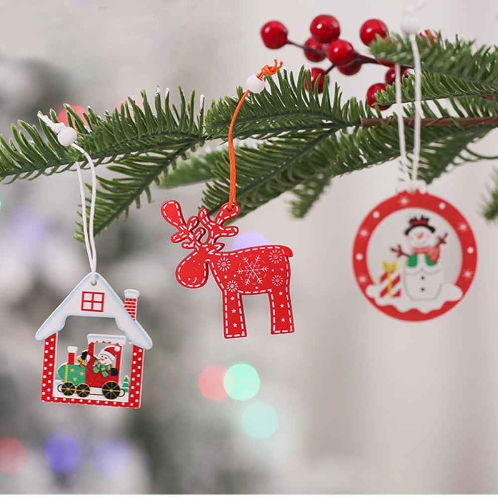 Wooden Christmas Tree Hanging Ornaments - Set of 12