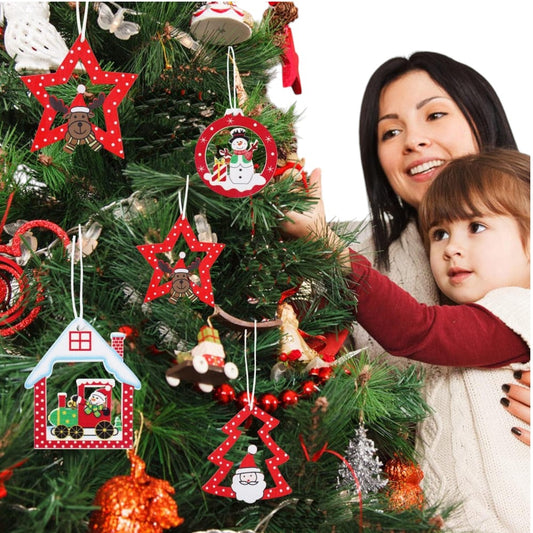 Wooden Christmas Tree Hanging Ornaments - Set of 12