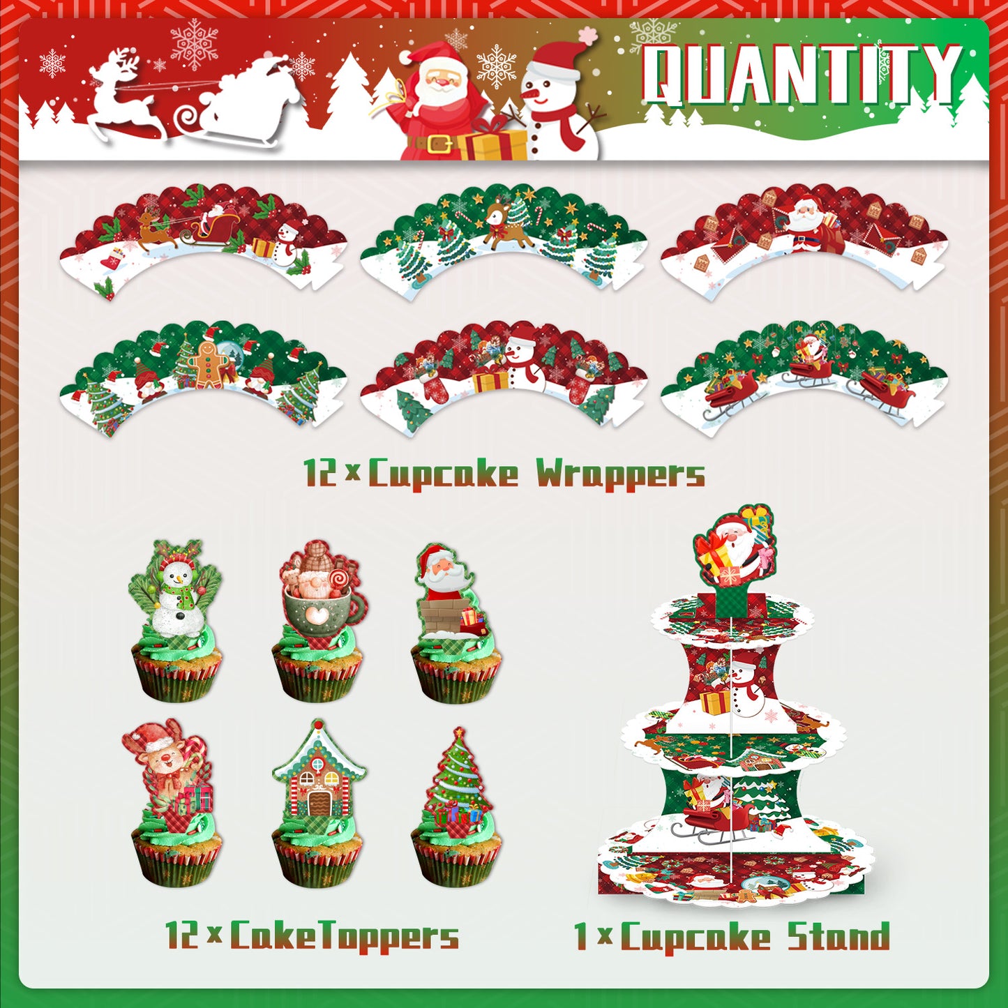 3 Tier Christmas Cake Stand Cupcake Topper Wrap Set